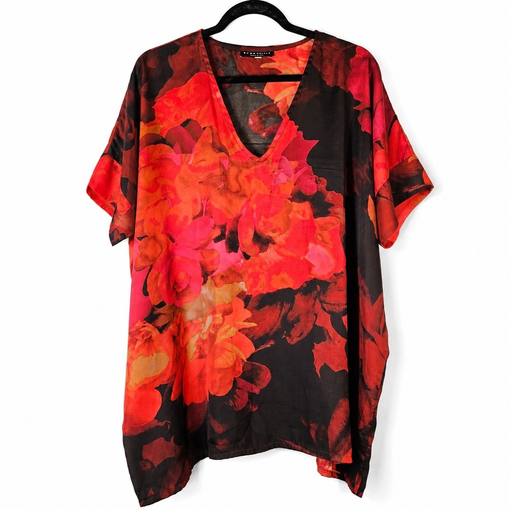Bryn Walker Tunic Top Womens S Black Red Floral V-Neck Oversized Lagenlook Artsy